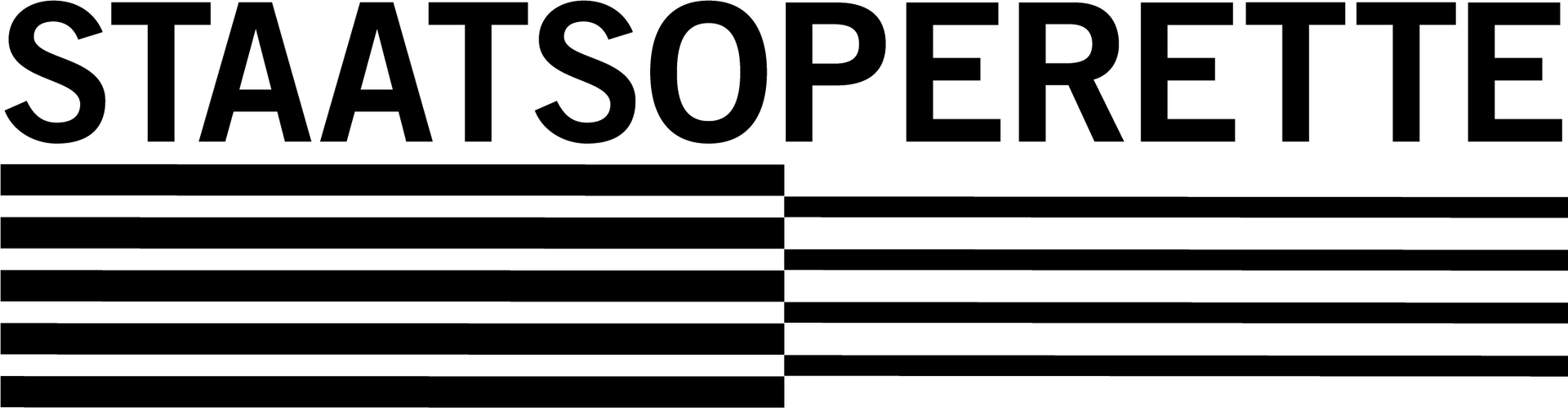 Schriftzug 'STAATSOPERETTE' über einem Muster aus schwarzen und weißen horizontalen Linien, die in der Mitte durch eine vertikale Linie getrennt sind.